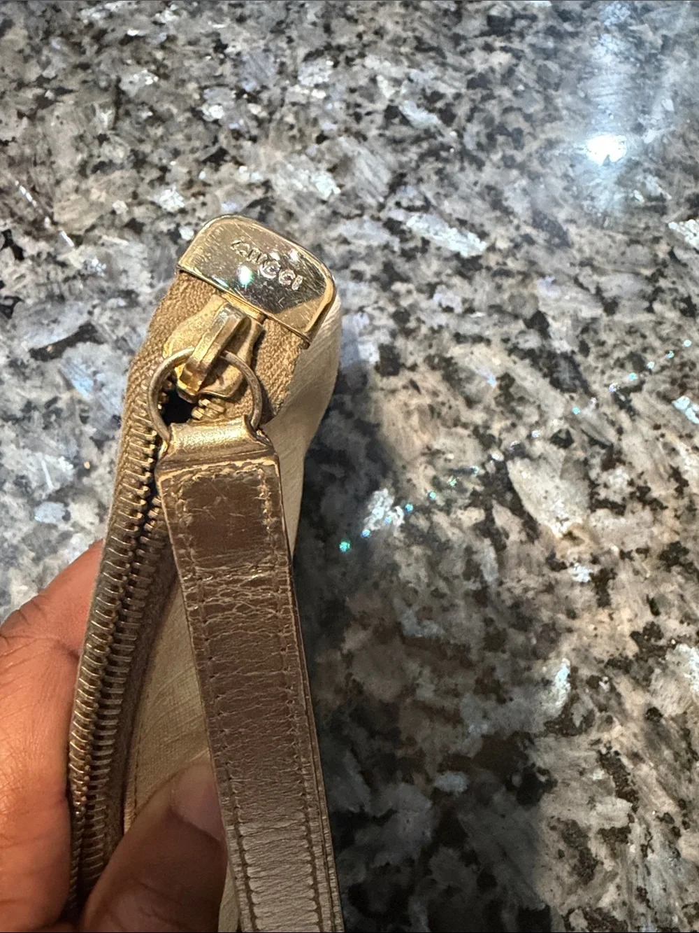 Gucci Beige Monogram Wristlet Clutch with Gold Strap